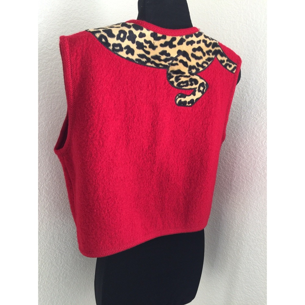 LISA INTERNATIONAL Women Pefite Vest Red Leopard paws 100% Boiled Wool Size‎ PM - Picture 3 of 6